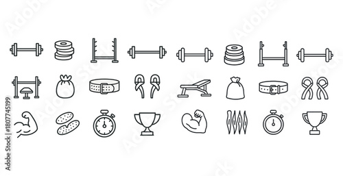 Minimalist fitness icon set: dumbbells, weights, benches, trophies, strength icons for workout design