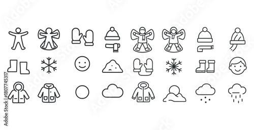 Winter icon set featuring snow activities, clothing, and weather