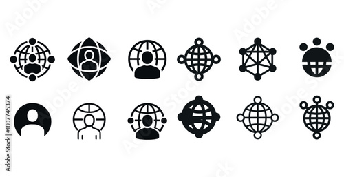 Set of global network icons featuring human silhouettes and connections
