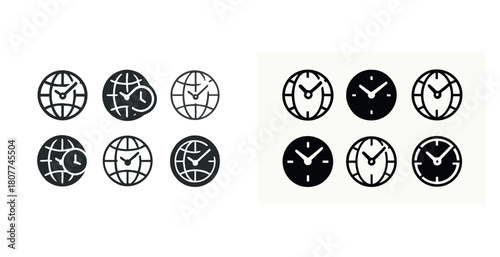 Minimalist time zone clocks with various clock face designs