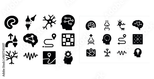 Neural network icons set in black and white illustrating brain and technology concepts