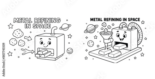 Illustration of space-themed metal refining machines