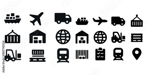 Logistics and transportation icons set: cargo, airplane, truck, warehouse, train, forklift