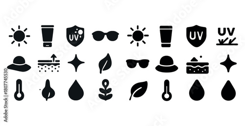 Sun protection and skincare icons: sunscreen, uv shield, sunglasses, moisture, skincare