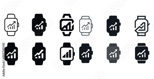 Collection of minimalist smartwatch icons featuring growth graphs