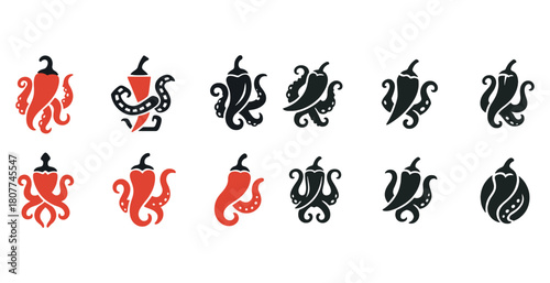 Set of chili pepper octopus icons in red and black color scheme