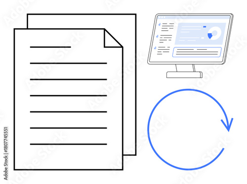 Stacked papers beside a desktop screen displaying analytics and a circular arrow symbolizing updates. Ideal for workflow, automation, data sync, efficiency, technology, document management, simple
