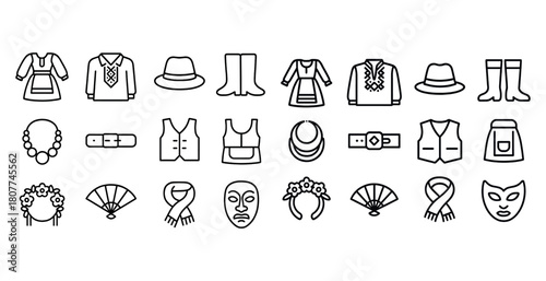 Traditional clothing and accessories icon set in black and white