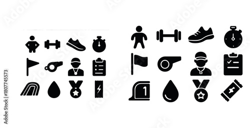 Sport and fitness icons including weights, stopwatch, medal, and whistle