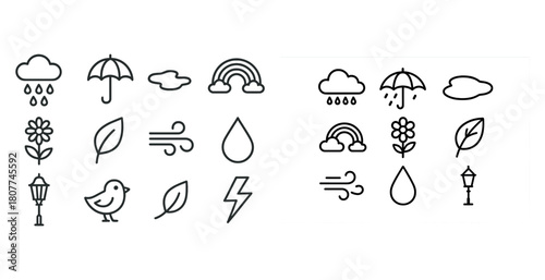 Minimalist weather and nature icons set featuring clouds, rain, and leaves