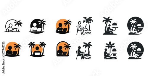 Set of tropical remote work icons with depictions of people and palm trees