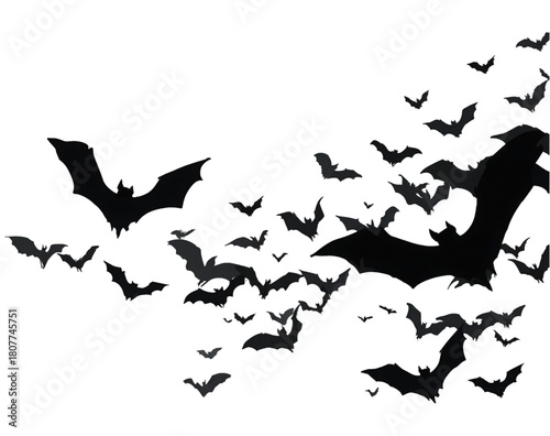 A large flock of black bat silhouettes flying together in a swarm.