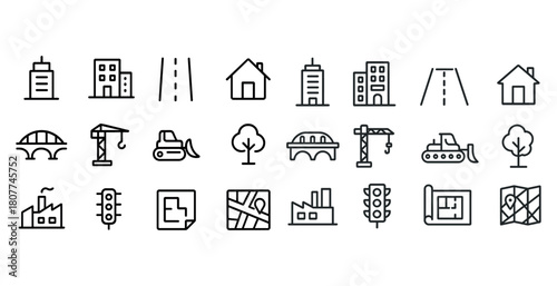 Simple city icons collection featuring buildings, roads, construction, and maps