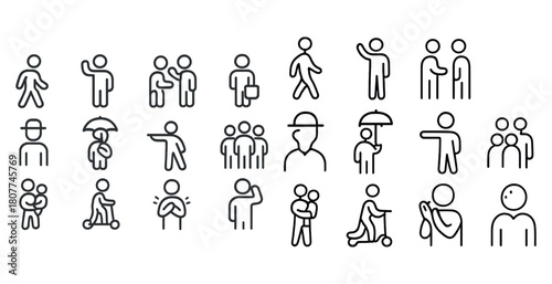Simple line art illustrations depicting various human activities and social interactions