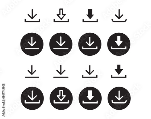 Download icon symbol. Round sign down arrow. Download icon for apps, websites interface.