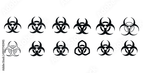 Collection of various biohazard symbols in black on white background