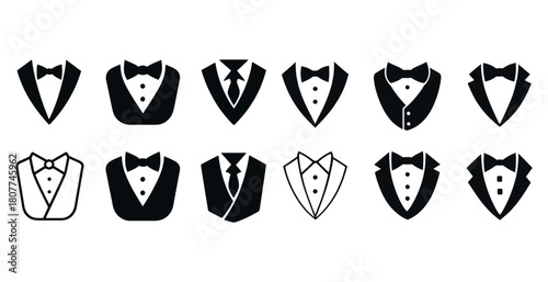 Stylized tuxedo icons set with bow ties and vests in black and white