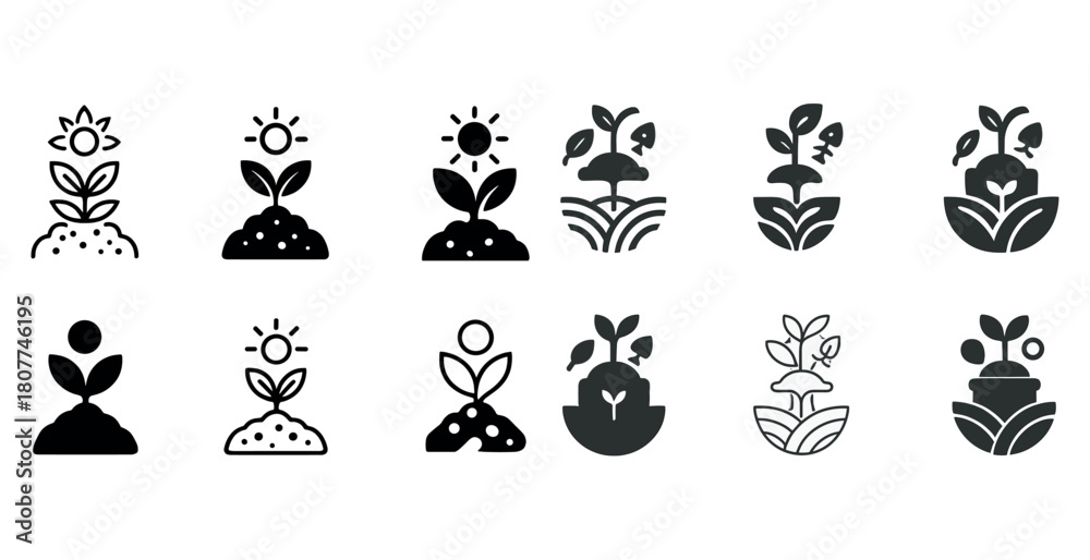 Fototapeta premium Collection of plant and sun icons illustrating growth and nature themes