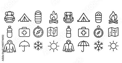 Outdoor adventure icons: camping, navigation, weather, and safety essentials