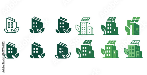 Eco-friendly green building icons with solar panels and leaves