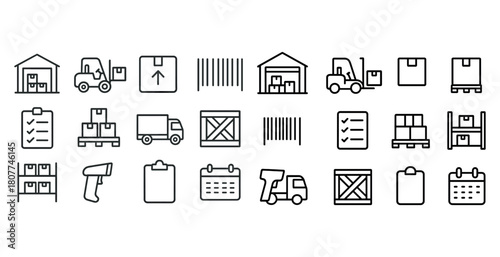 Warehouse and logistics icons: forklift, barcode, crate, truck, checklist, calendar