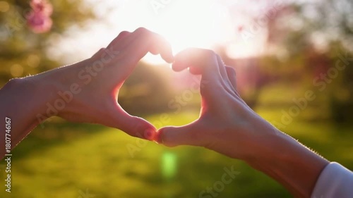 People love. Heart with fingers symbol Valentine's Day. Happy couple man woman making heart gesture with fingers in sun park. Married couple man woman joined fingers in heart shape outdoors at sun