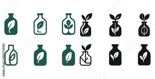 Eco-friendly bottle icon collection with leaf designs in green and black variants