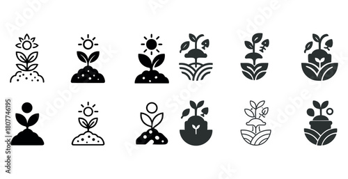 Collection of plant and sun icons illustrating growth and nature themes