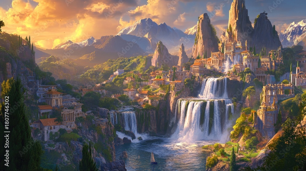 Fototapeta premium A majestic waterfall cascading through an ancient city set in a lush green valley during the golden hour at sunset