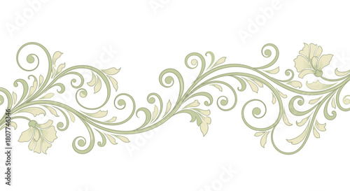 Elegant floral vine illustration with delicate swirls and flowers on a white background.