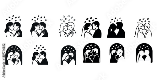 Love icon set with couples kissing in various styles
