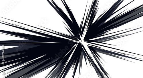 Abstract explosion of black and white lines radiating from a central point, suggesting motion and energy.