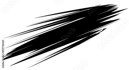 Dynamic black abstract brush stroke with sharp, elongated lines conveying speed and motion, isolated on white.