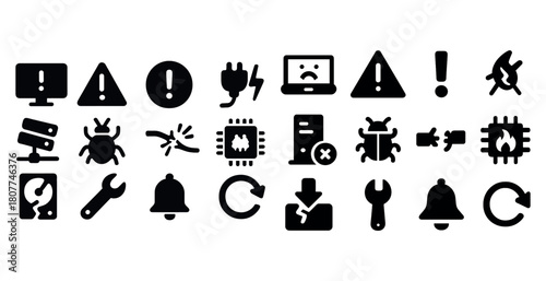 Computer error icons set: warning, bug, alert symbols for digital interfaces