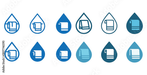 Water drop icons featuring towel symbols in various shades of blue