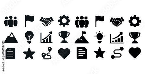 Collection of business and achievement icons including flags, trophies, and light bulbs