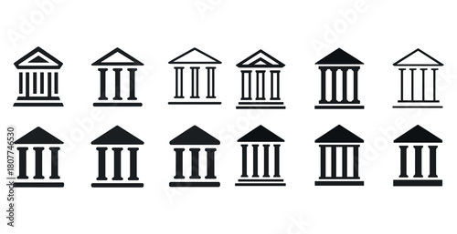 Set of twelve monochrome bank icons in various architectural styles
