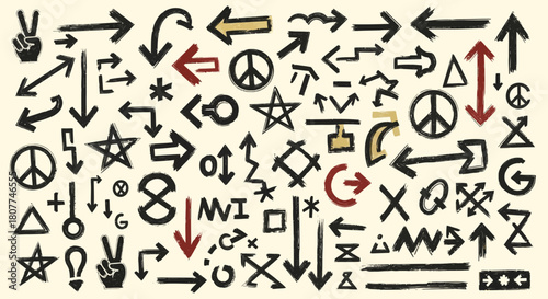 A diverse collection of hand-drawn arrows, peace signs, stars, and abstract symbols on a light background.