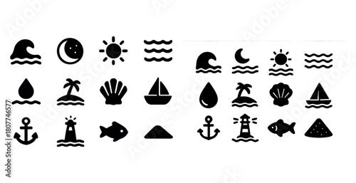 Set of nautical and beach icons featuring sun, moon, waves, anchor, lighthouse, shell, palm tree, fish, boat