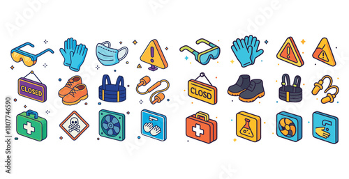 Safety equipment icons: gloves, goggles, masks, ear protection, warning signs