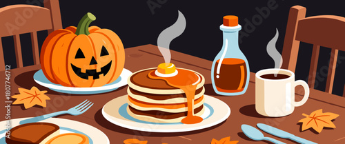 Thanksgiving breakfast table illustration with pumpkin pancakes