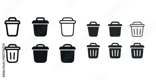 Set of black and white trash bin icons in various styles
