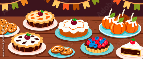 Thanksgiving dessert table illustration on textured background