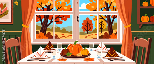 Thanksgiving table by window with autumn trees