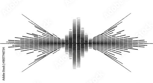 Abstract sound wave visualization with symmetrical bars and lines on white background.