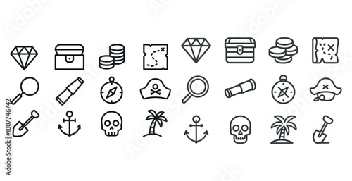 Treasure hunt icons: diamonds, maps, coins, skulls, anchors, and more