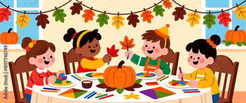 Children decorating Thanksgiving table with crafts on solid background