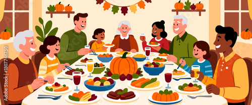 Family enjoying Thanksgiving meal on festive background