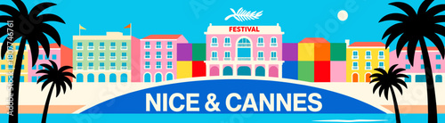 Vibrant skyline of Nice and Cannes with palm silhouettes