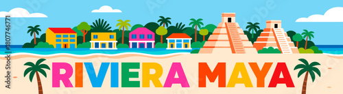 Colorful Riviera Maya skyline illustration on solid background